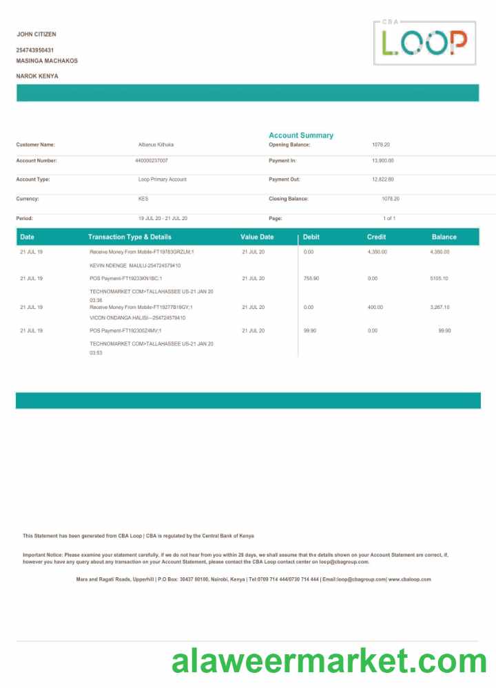 Kenya Loop bank statement Word and PDF template